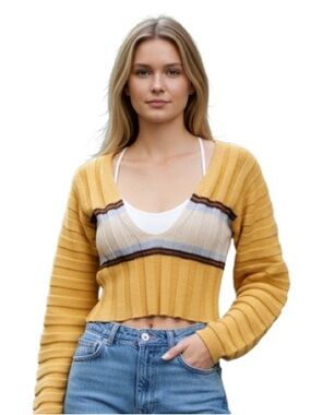 BDG Urban Outfitters Cropped Ribbed Sweater Mustard Stripe Deep V Neck Size M
